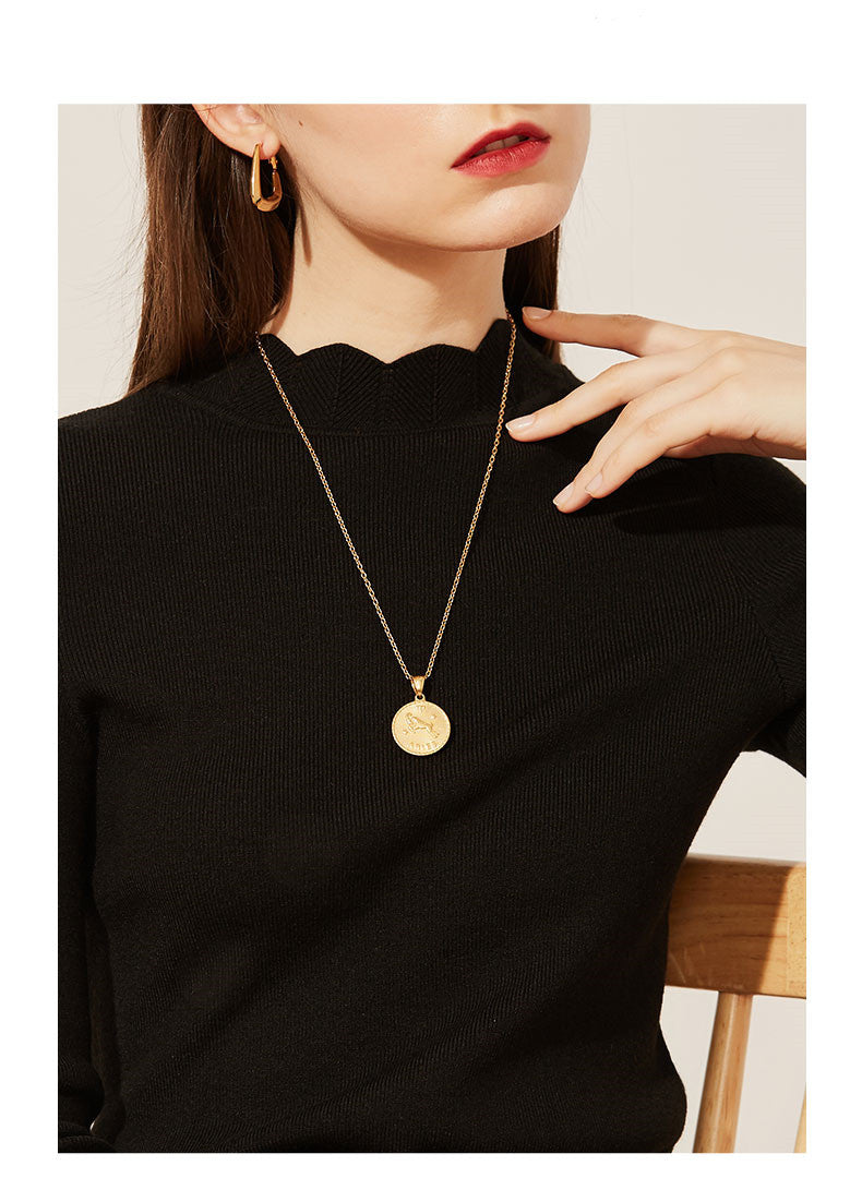 Zodiac sign gold coin engraved necklace